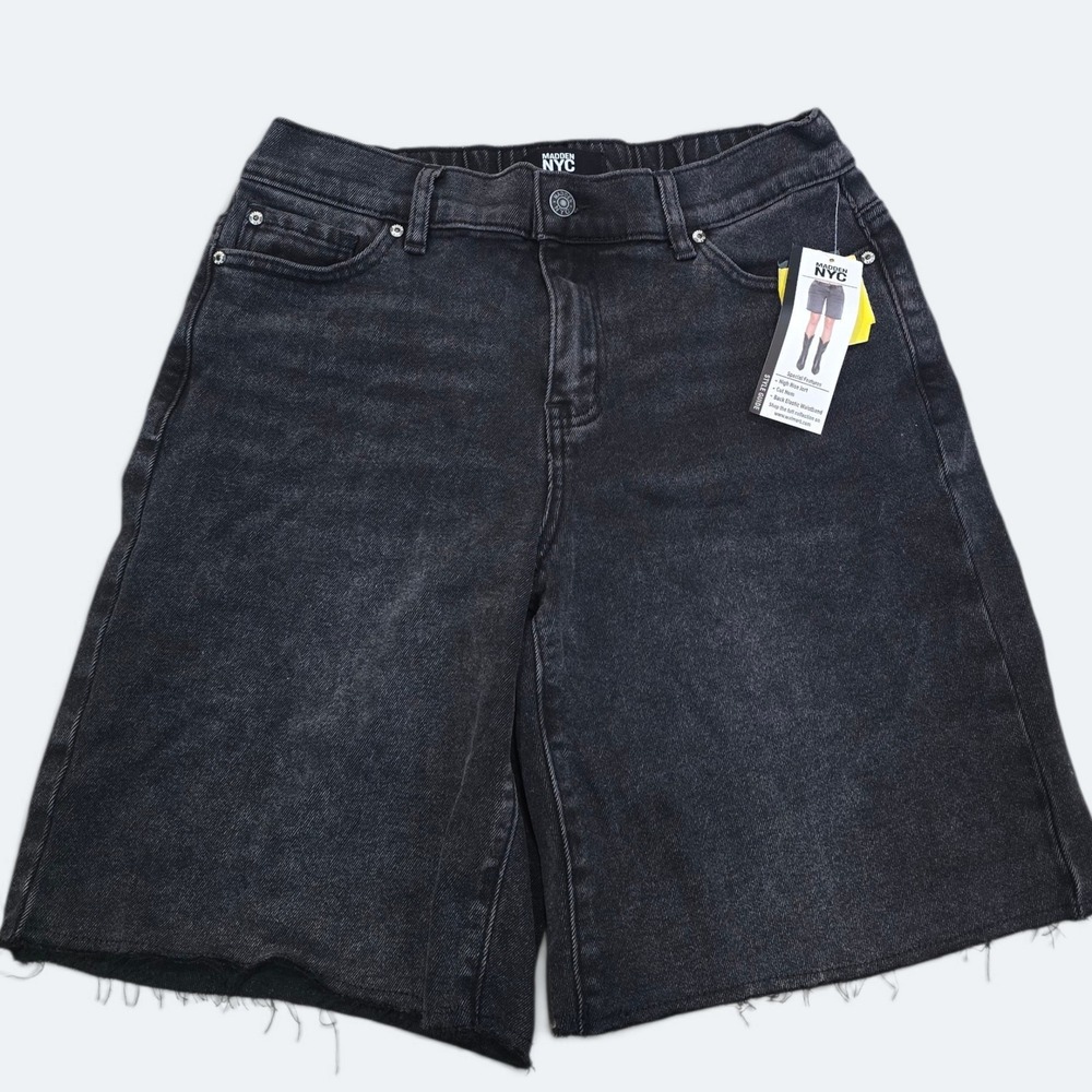 Madden NYC Womens Size S High Rise Denim Shorts Washed Black Raw Hem Elastic